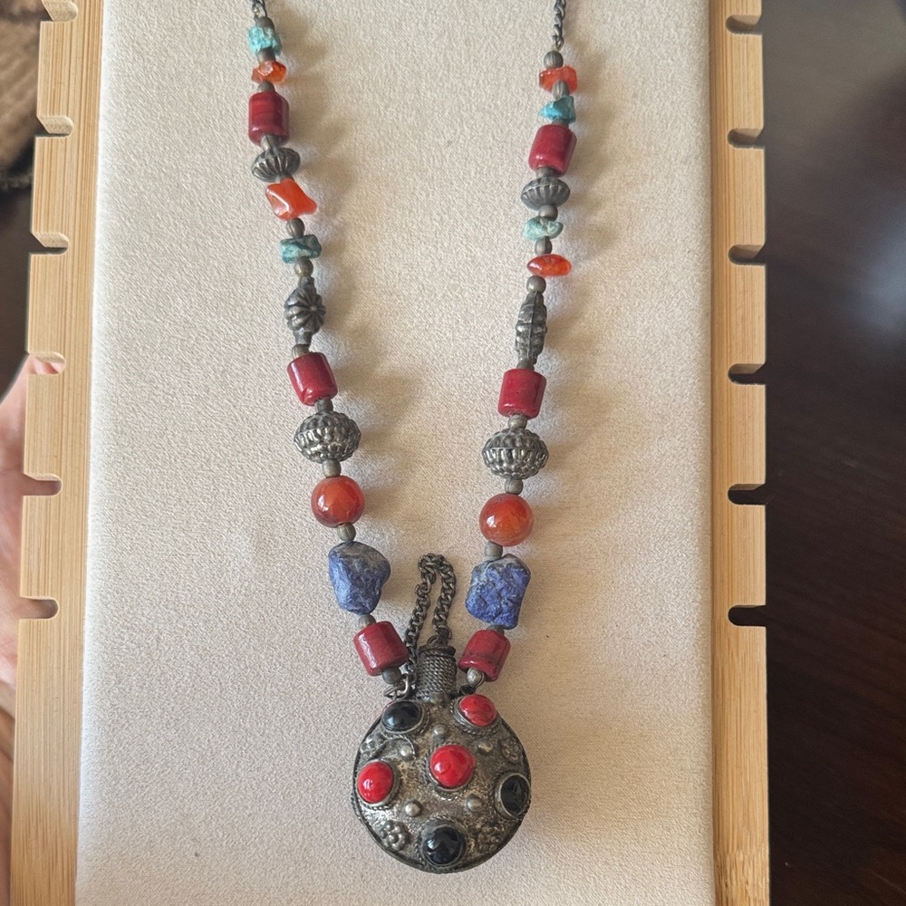 Vintage Tibetan snuff bottle Necklace with beaded chain. 26 inch length.